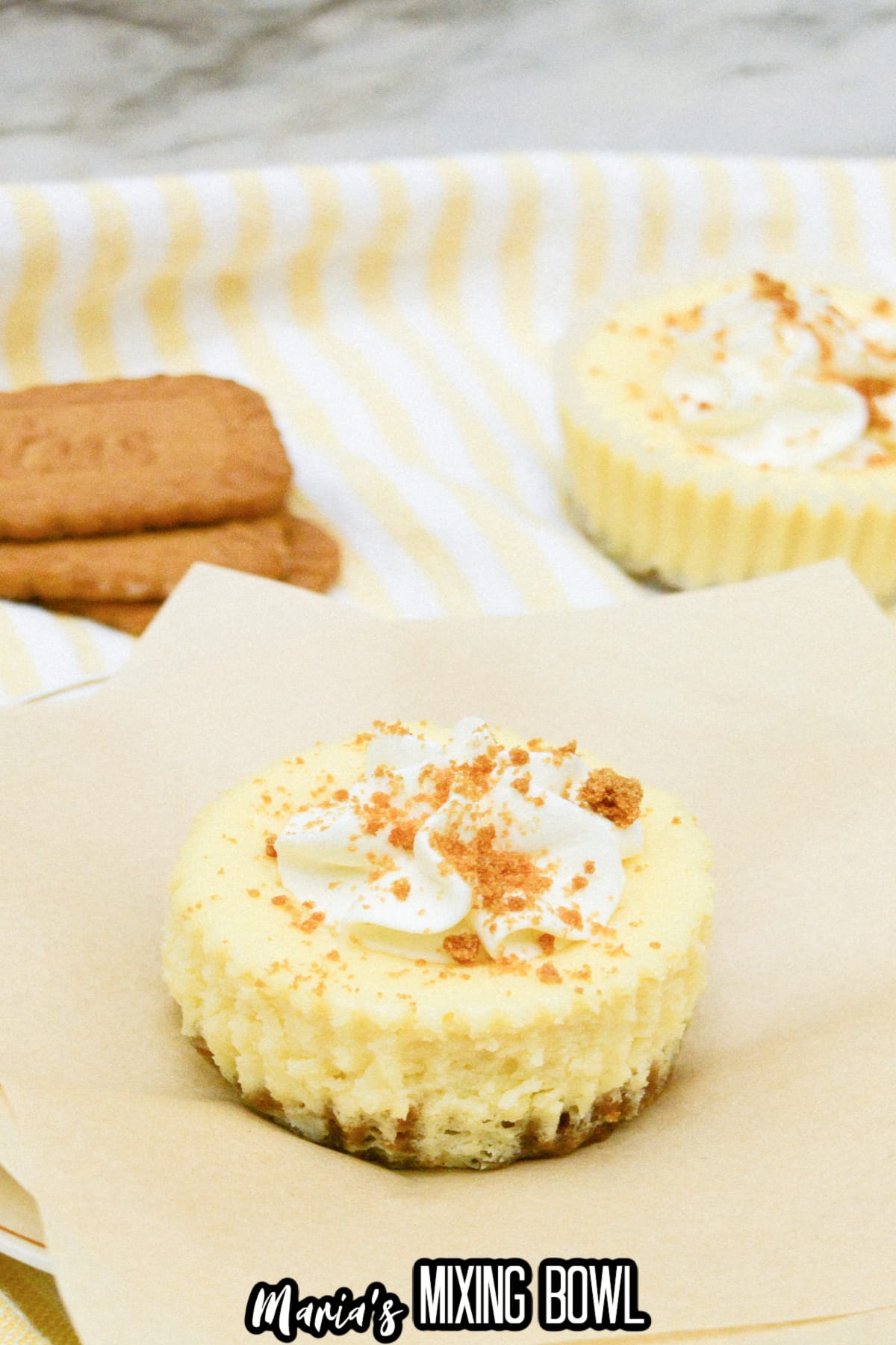 whole mini biscoff cheesecake on a plate.