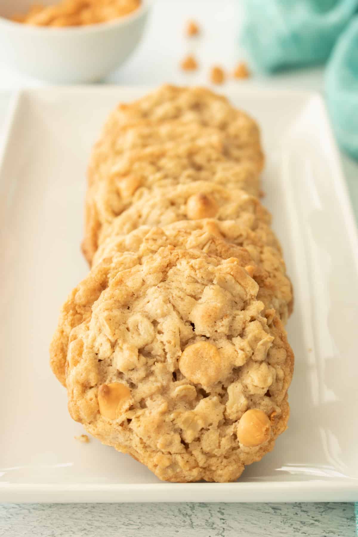 five oatmeal scothies cookies on a platter.