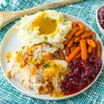 plate full of sliced turkey breast, mashed potatoes with gravy, carrots, and cranberry sauce.