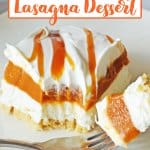 slice of pumpkin lasagna on a plate with a bite on a fork.