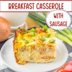 slice of slow cooker breakfast casserole on a plate.