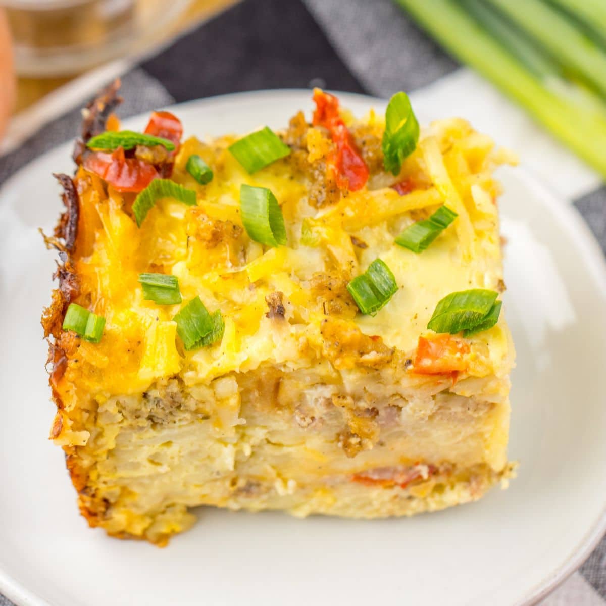 slice of slow cooker breakfast casserole on a plate.