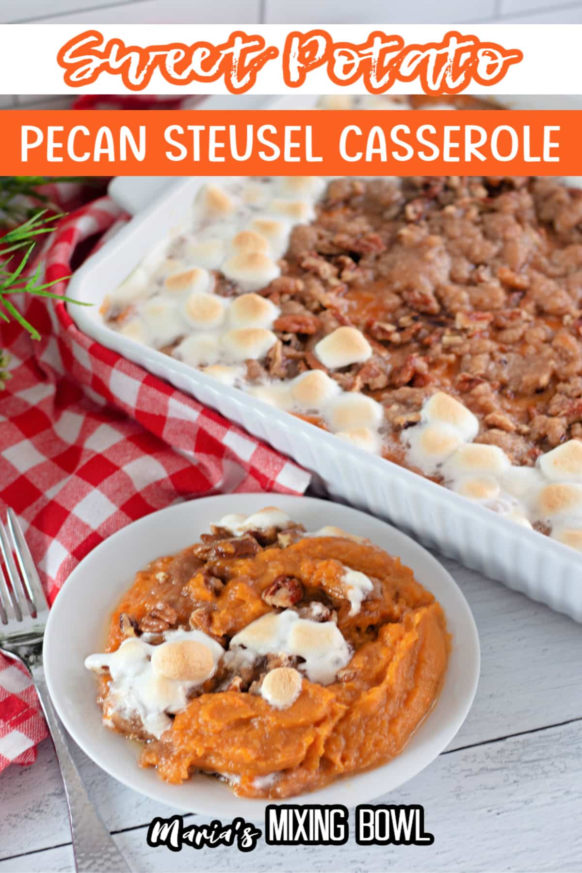 plate of sweet potato casserole with pecan streusel topping.