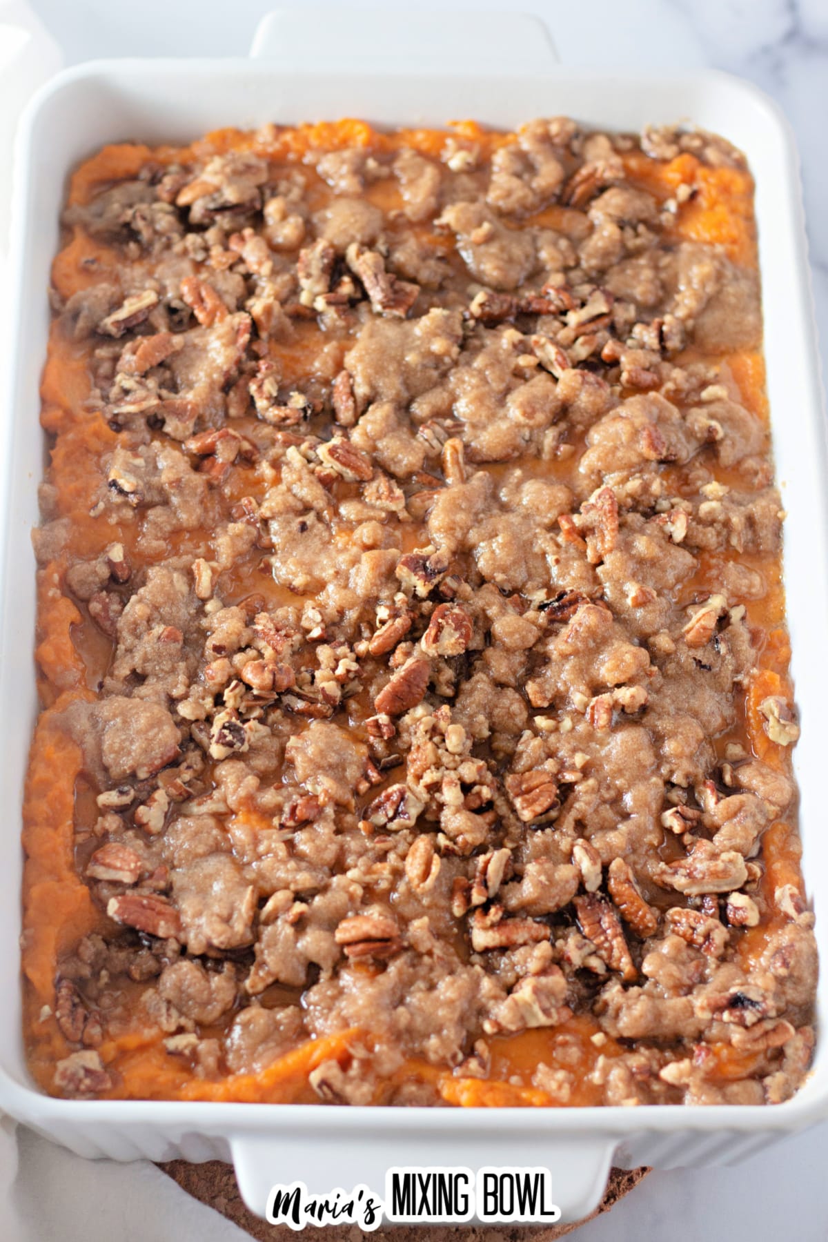 baked sweet potato casserole with pecan streusel topping.