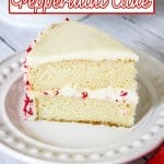 slice of white chocolate peppermint cake on a plate.