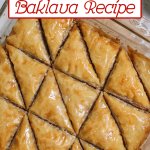 baked baklava in a glass baking dish.