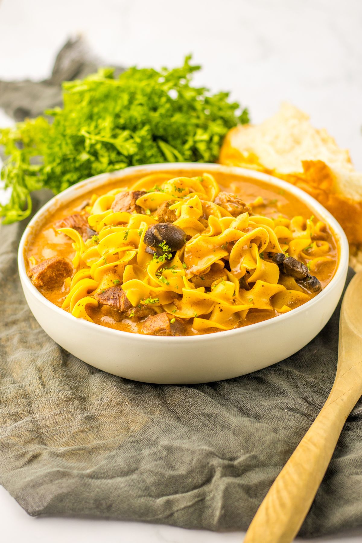 bowl filled with slow cooker beef mushroom soup.