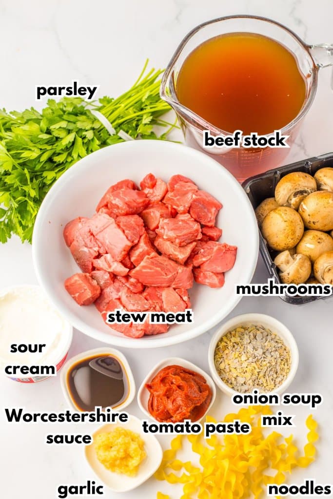 bowls of parsley, beef stock, stew meat, mushrooms, sour cream, worcestershire sauce, tomato paste, onion soup mix, garlic, and noodles.