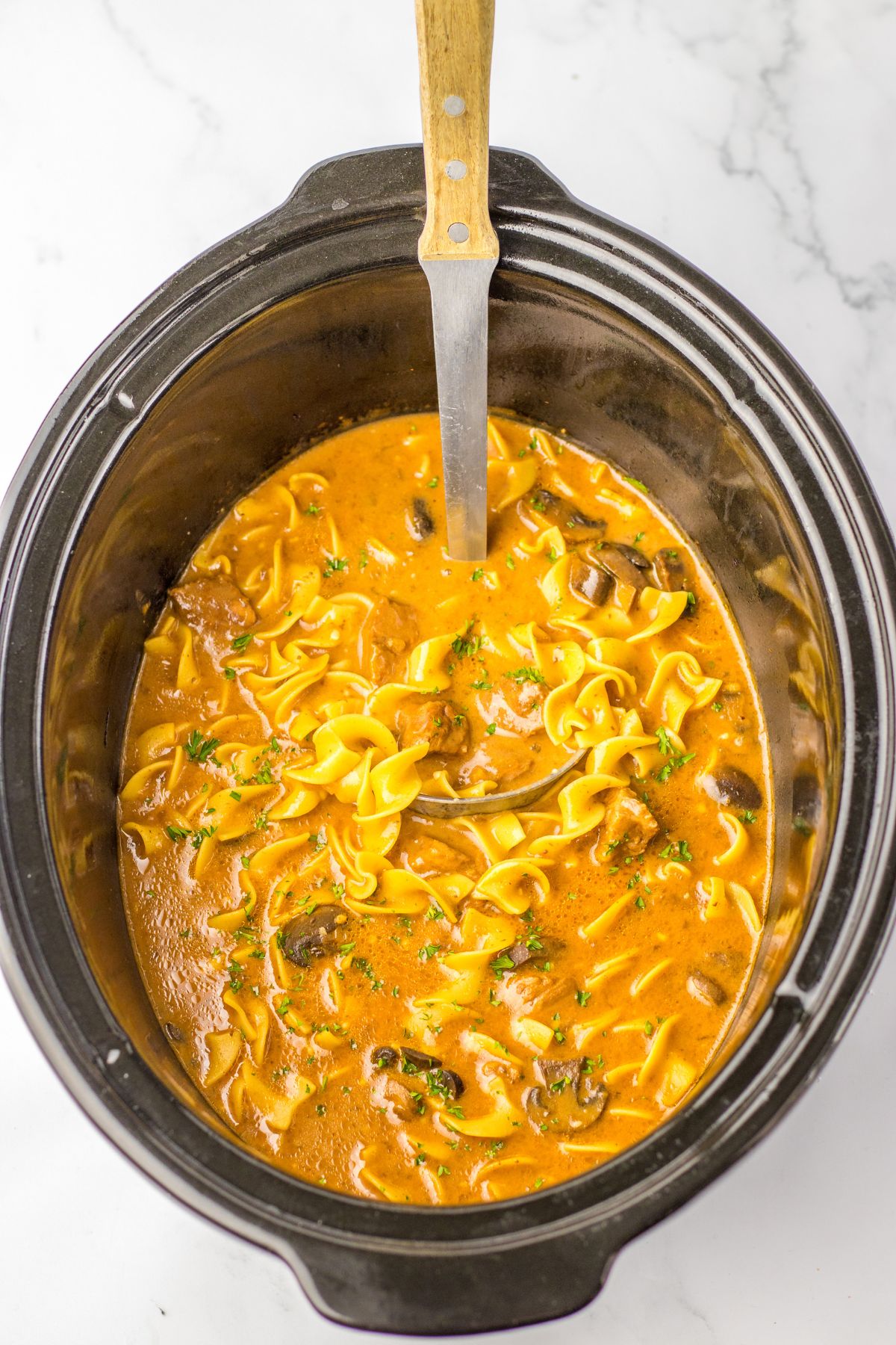 slow cooker filled with beef mushroom soup.