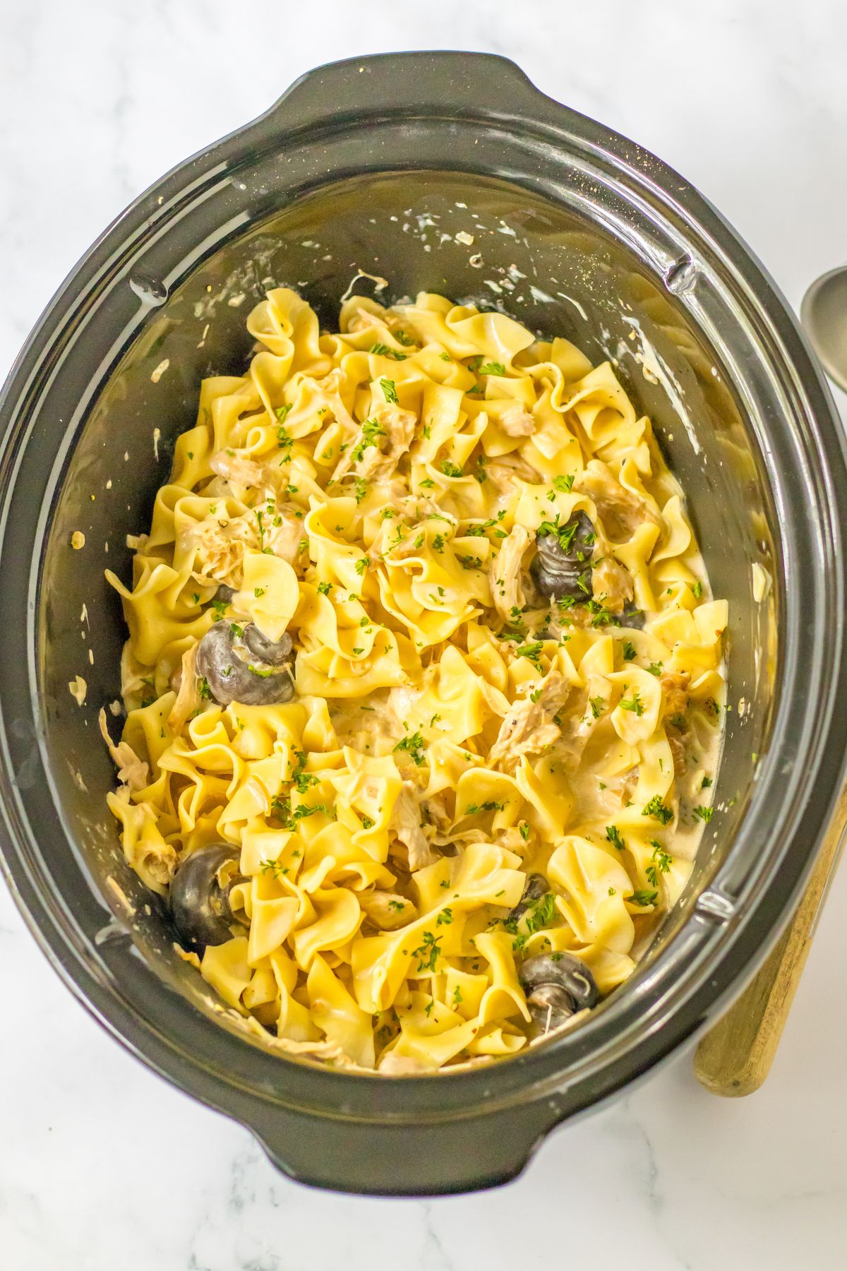 chicken mushroom stroganoff in a slow cooker.