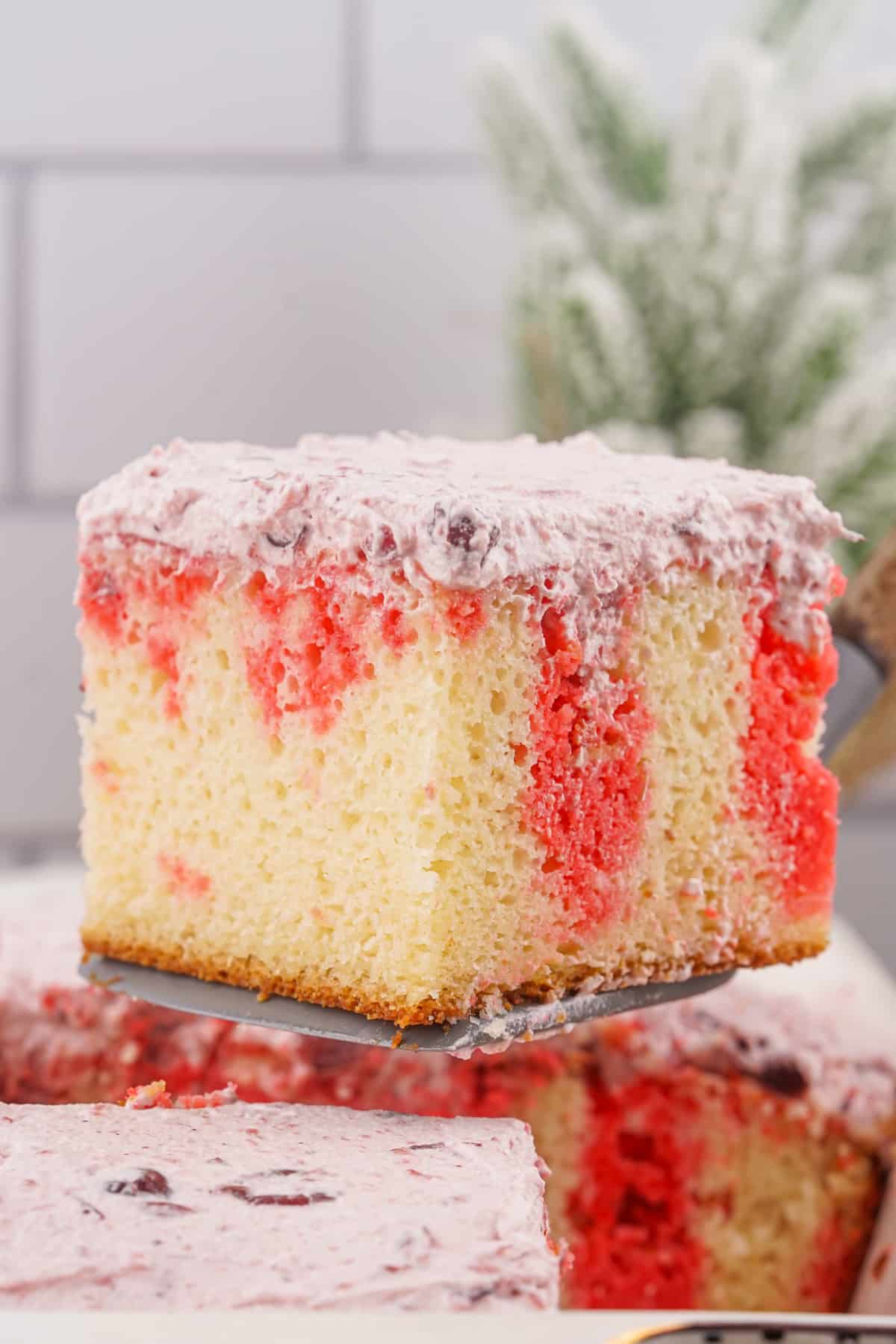 slice of cranberry poke cake on a metal spatula held in the air.