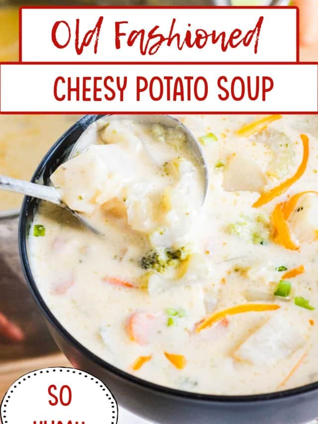 bowl filled with cheesy potato soup and topped with shredded cheese and sliced green onions.