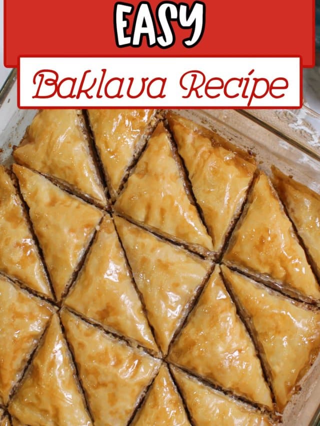 baked baklava in a glass baking dish.