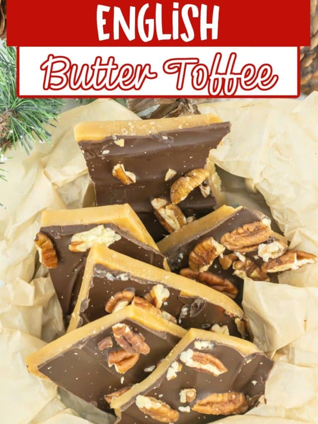 pieces of english butter toffee in a basket.