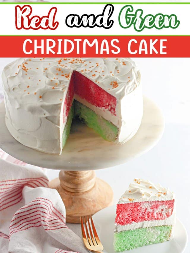 slice of red and green christmas cake on a white plate.