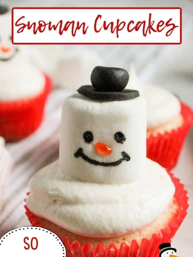 snowman cupcakes on a counter.