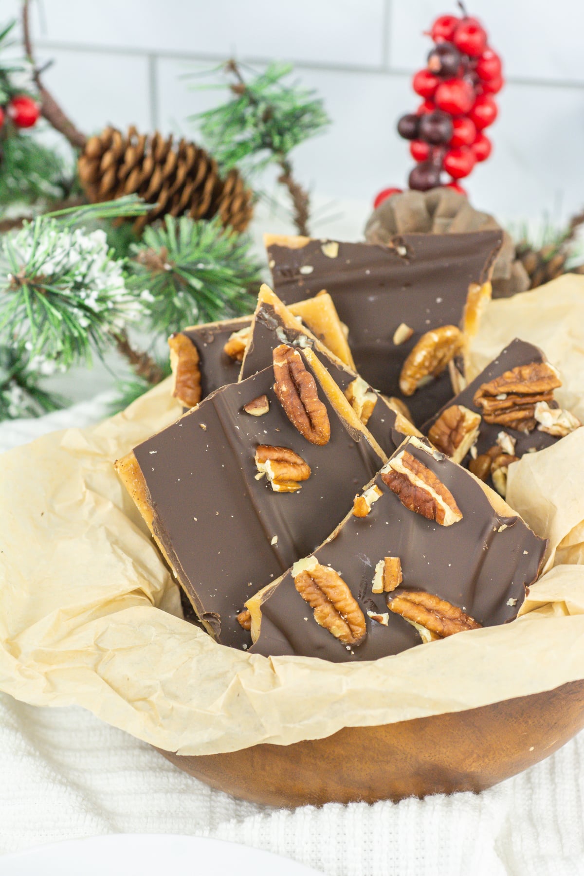 pieces of english toffee bark in a basket.