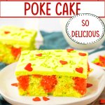 slice of grinch poke cake on a white plate.