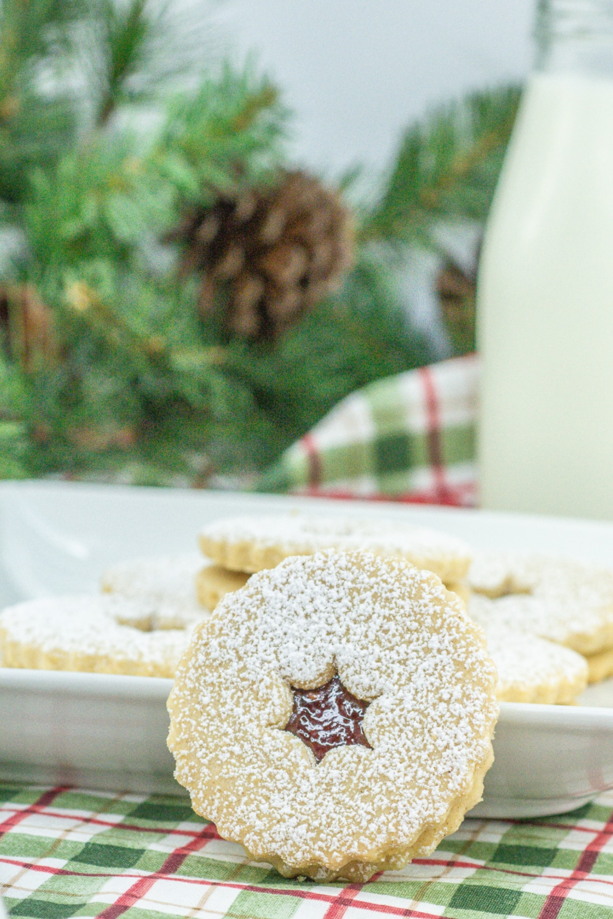 raspberry linzer cookie leaning against a plate.