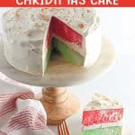 slice of red and green christmas cake on a white plate.