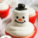 snowman cupcakes on a counter.
