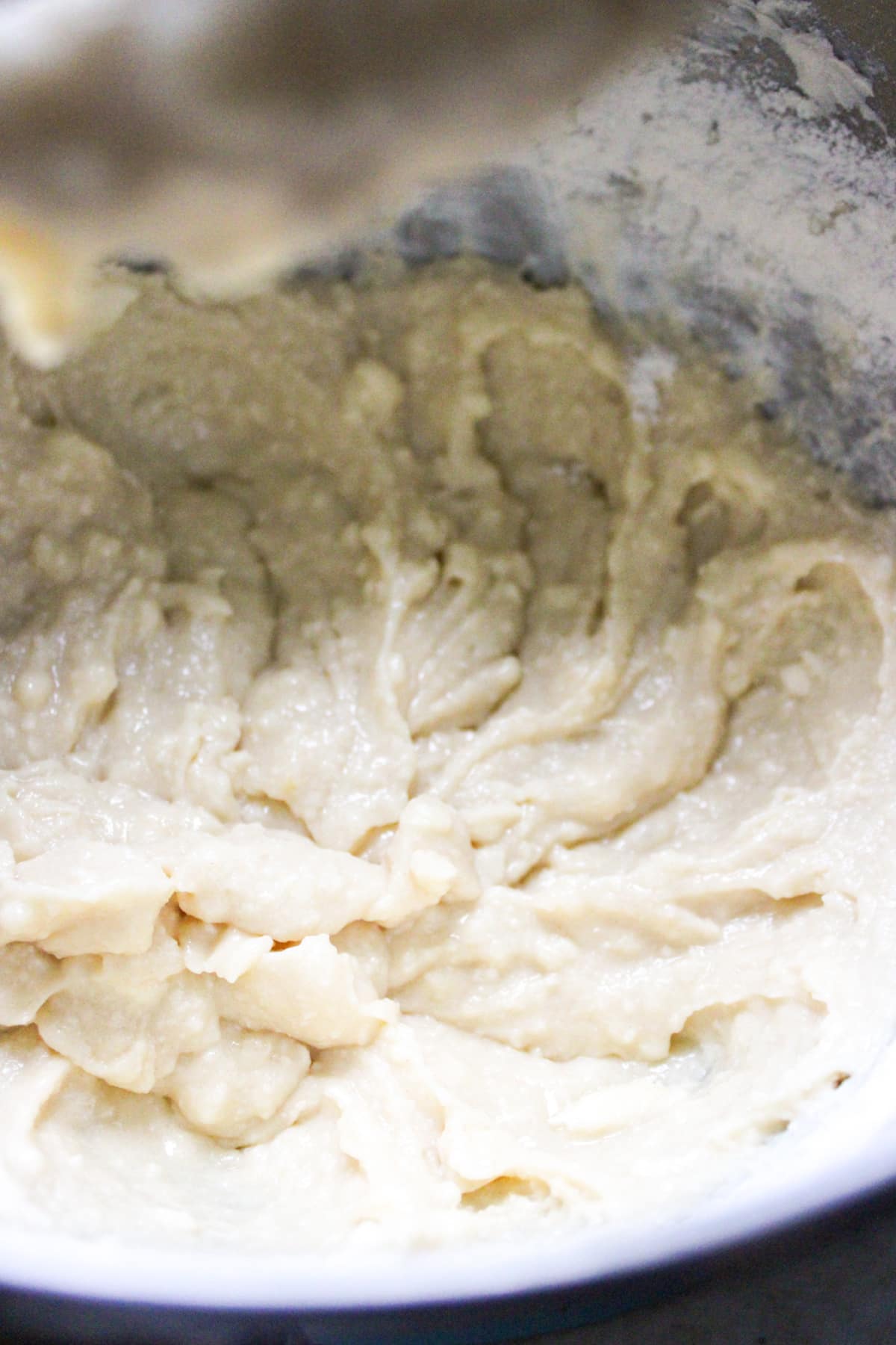 cupcake batter in a stand mixer.