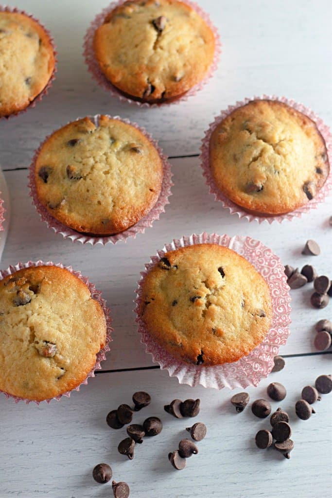 baked banana chocolate chip muffins on a backdrop.