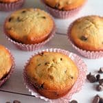 baked banana chocolate chip muffins on a backdrop.