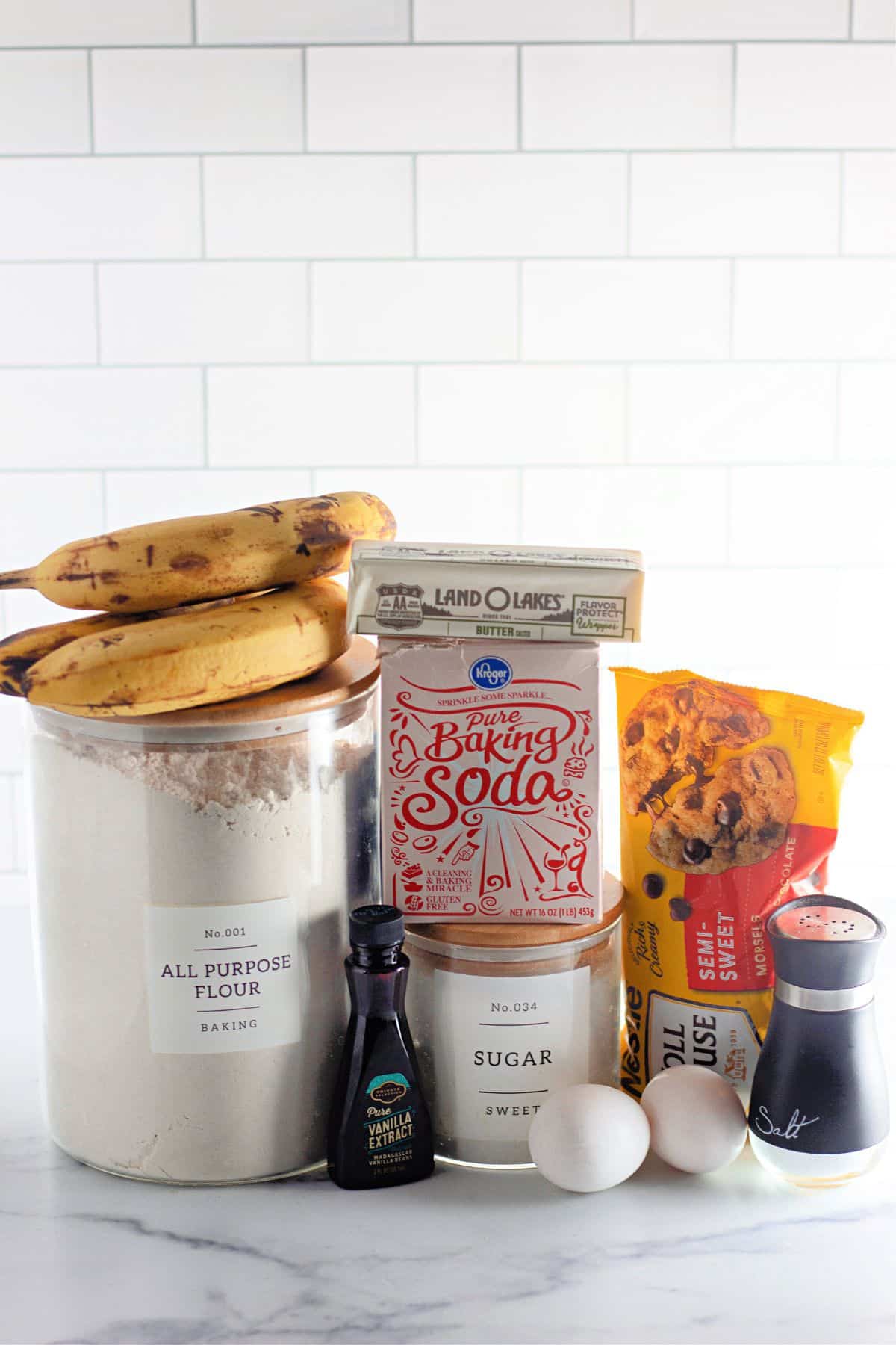 all purpose flour, sugar, vanilla extract, baking soda, butter, eggs, semi-sweet chocolate chips, and salt.