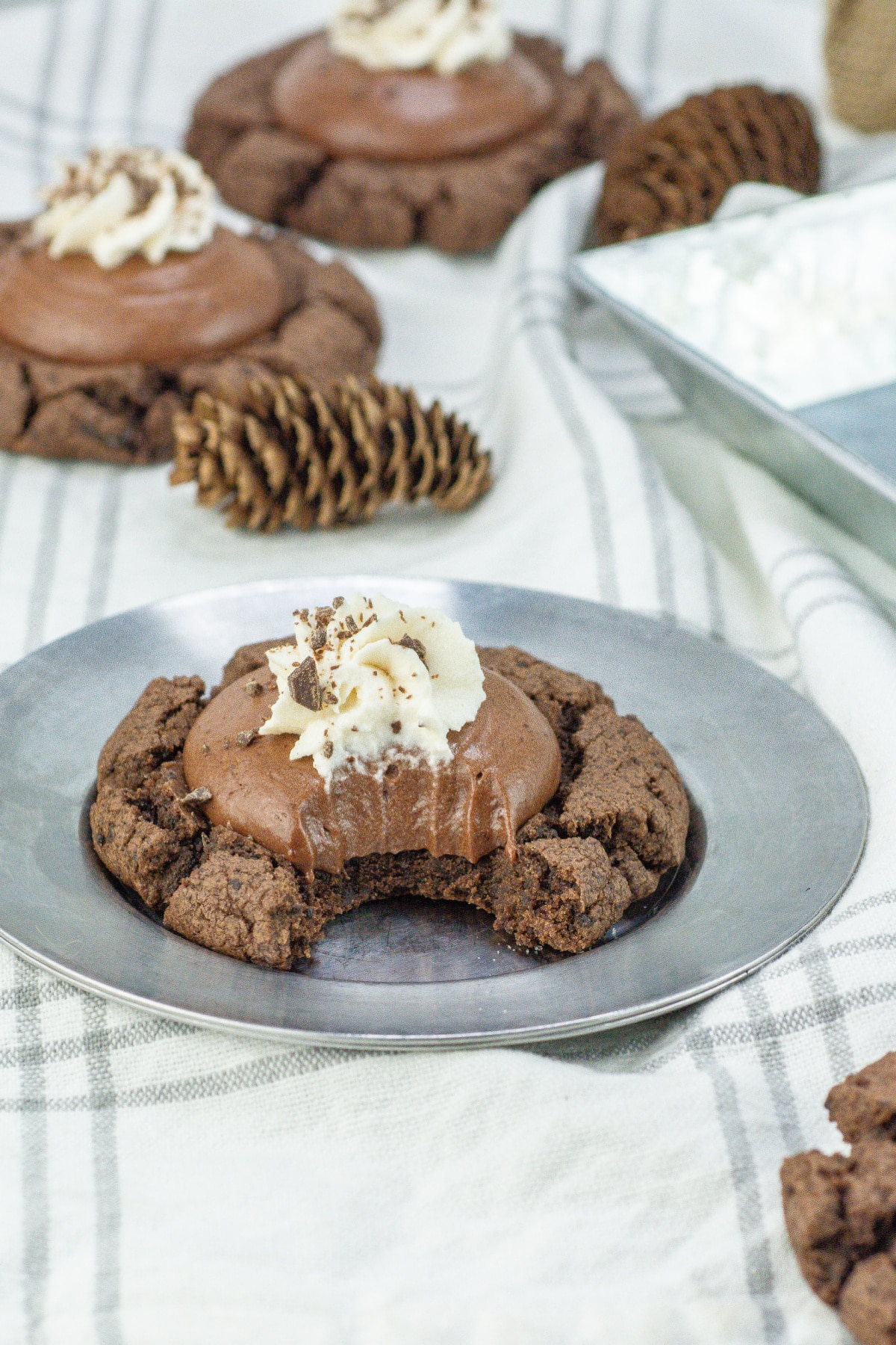 chocolate silk cookie on a plate with a bite missing.