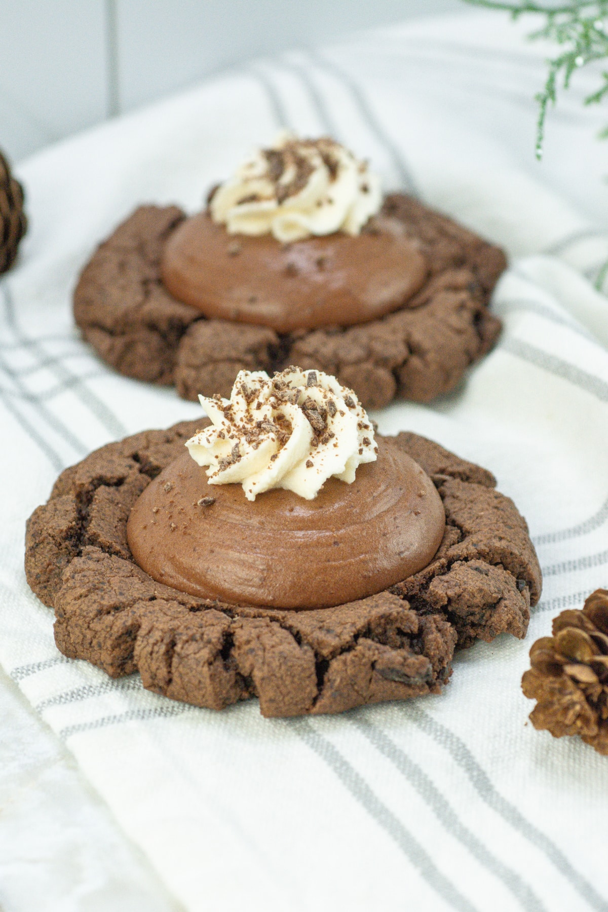 chocolate silk cookies on a kitchen towel.
