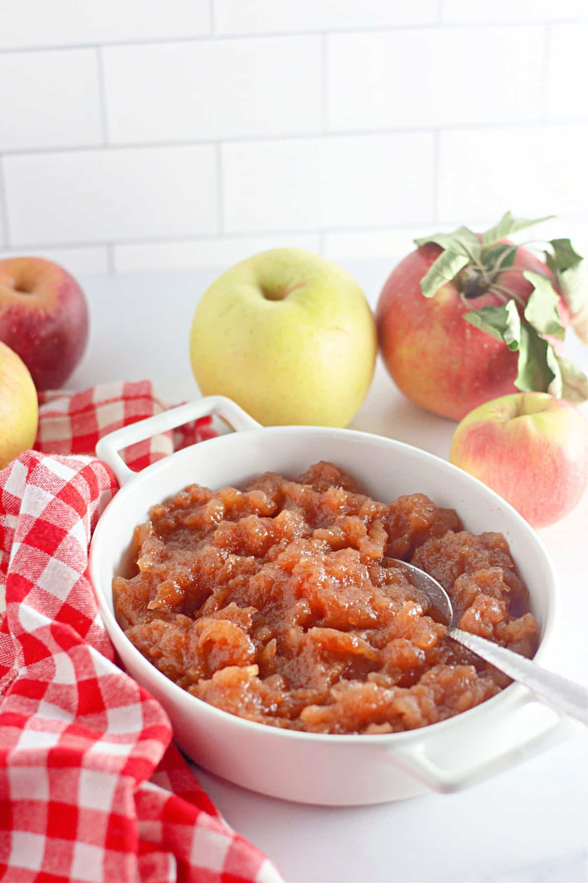cinnamon applesauce in a casserole dish.