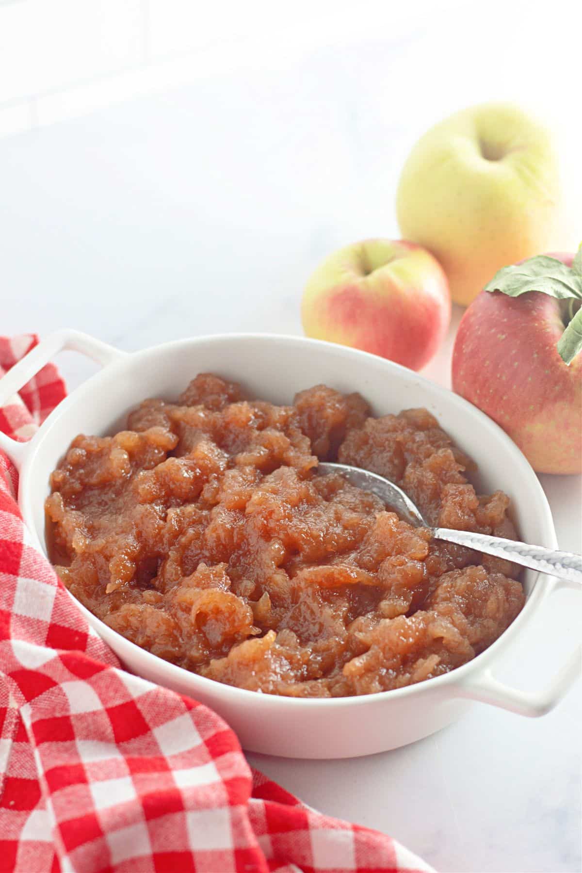 cinnamon applesauce in a casserole dish.