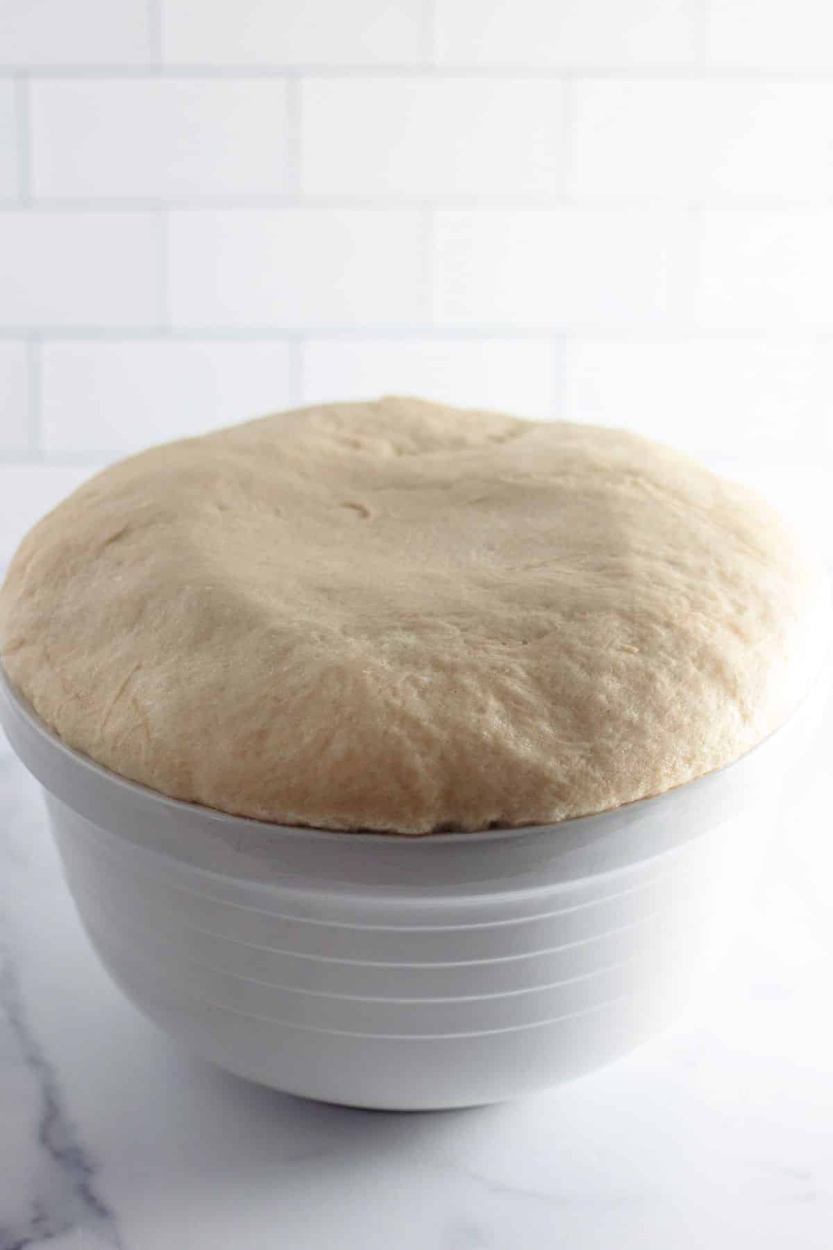 dough rising in a large mixing bowl.