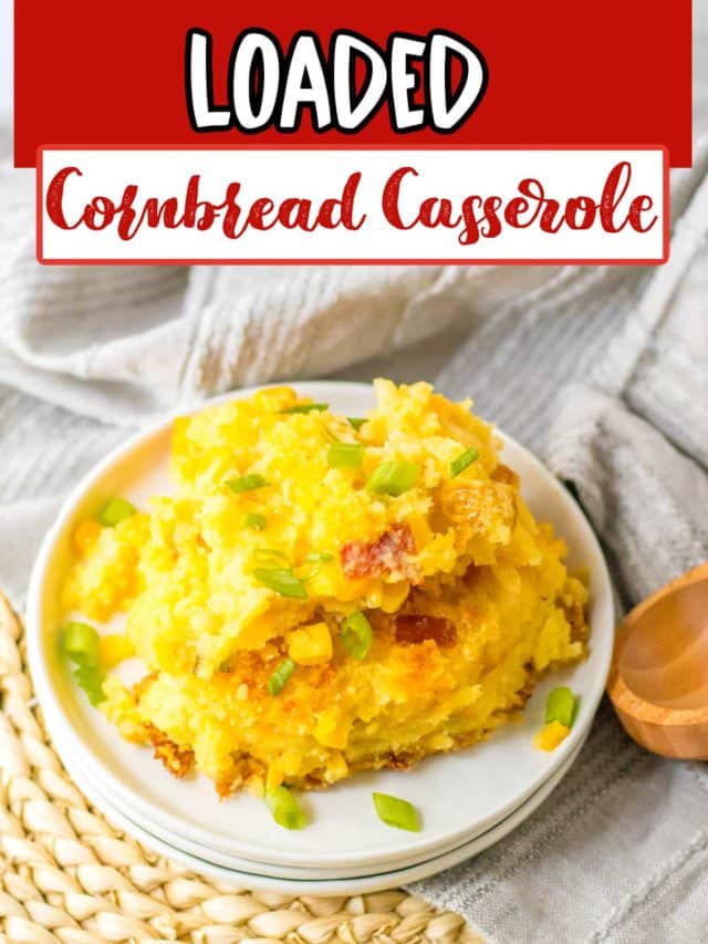 plate full of loaded cornbread casserole.