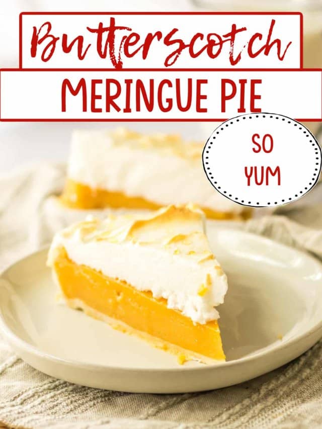 slice of butterscotch meringue pie on a plate.