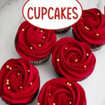rose frosted devils food cupcakes on a marble counter.