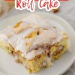 slice of ooey gooey cinnamon roll cake on a small plate.