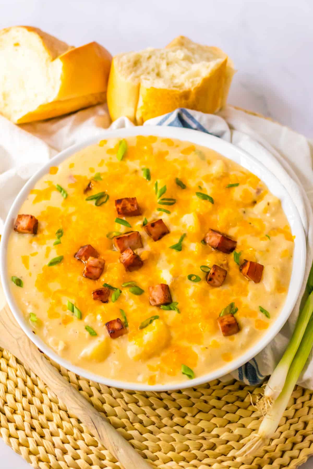 bowl filled with ham and potato soup.