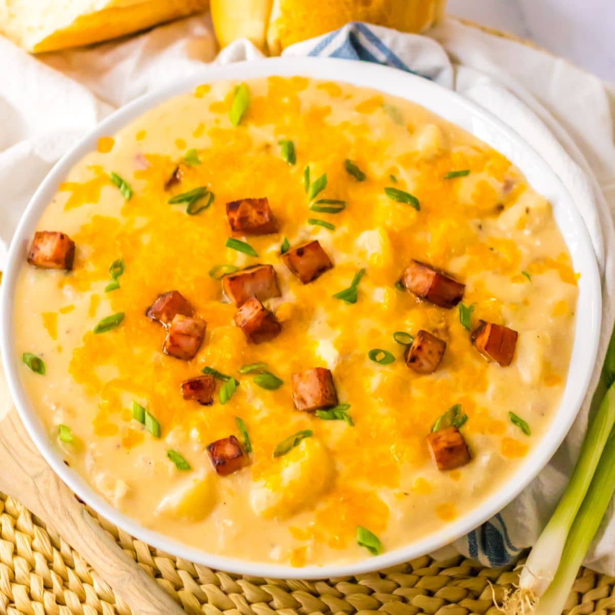 bowl filled with slow cooker ham potato soup.