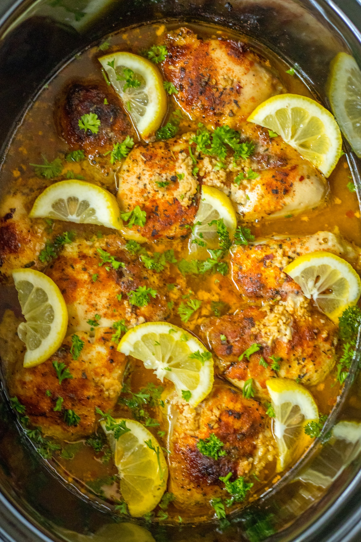 cooked lemon chicken thighs in the slow cooker.