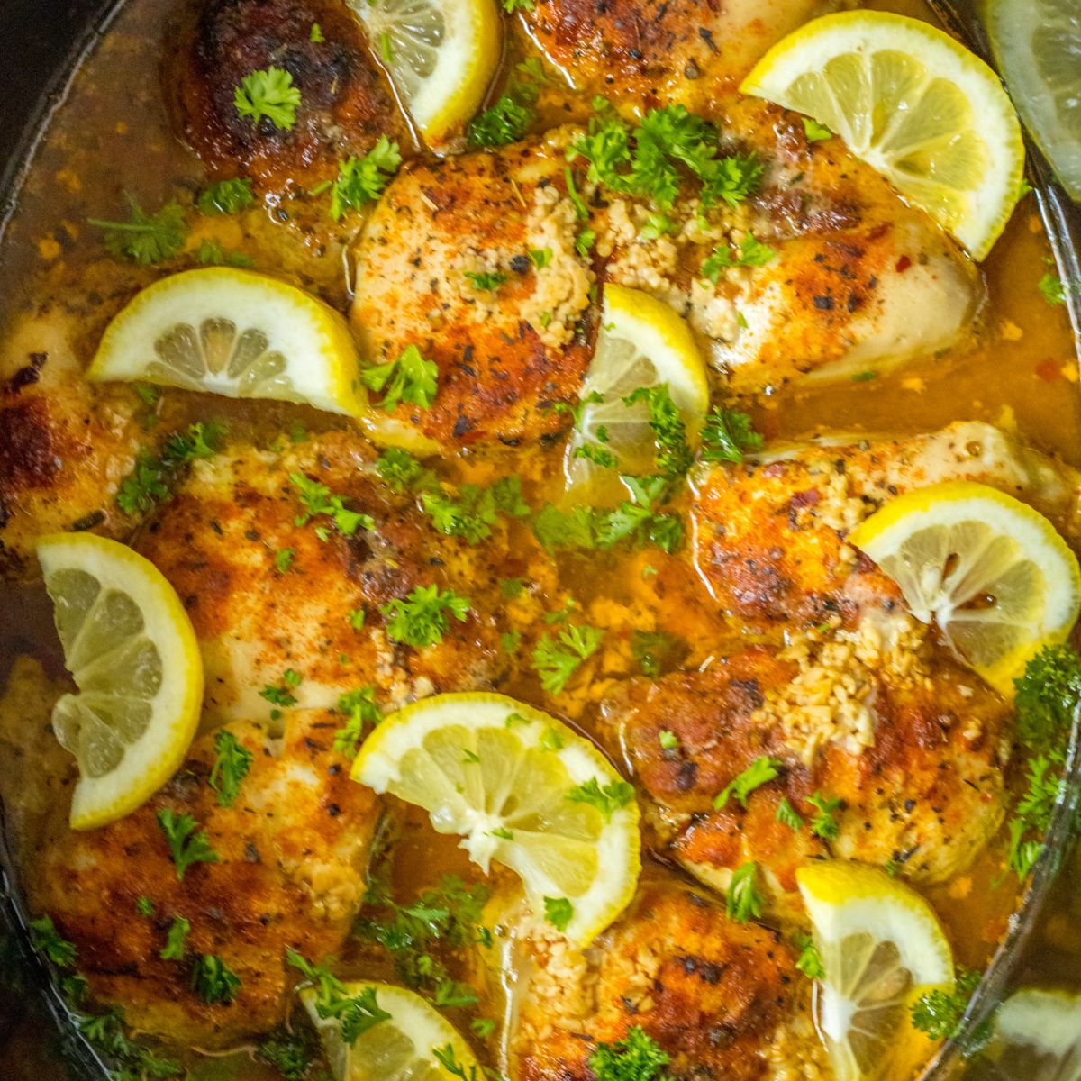 cooked lemon chicken thighs in the slow cooker.