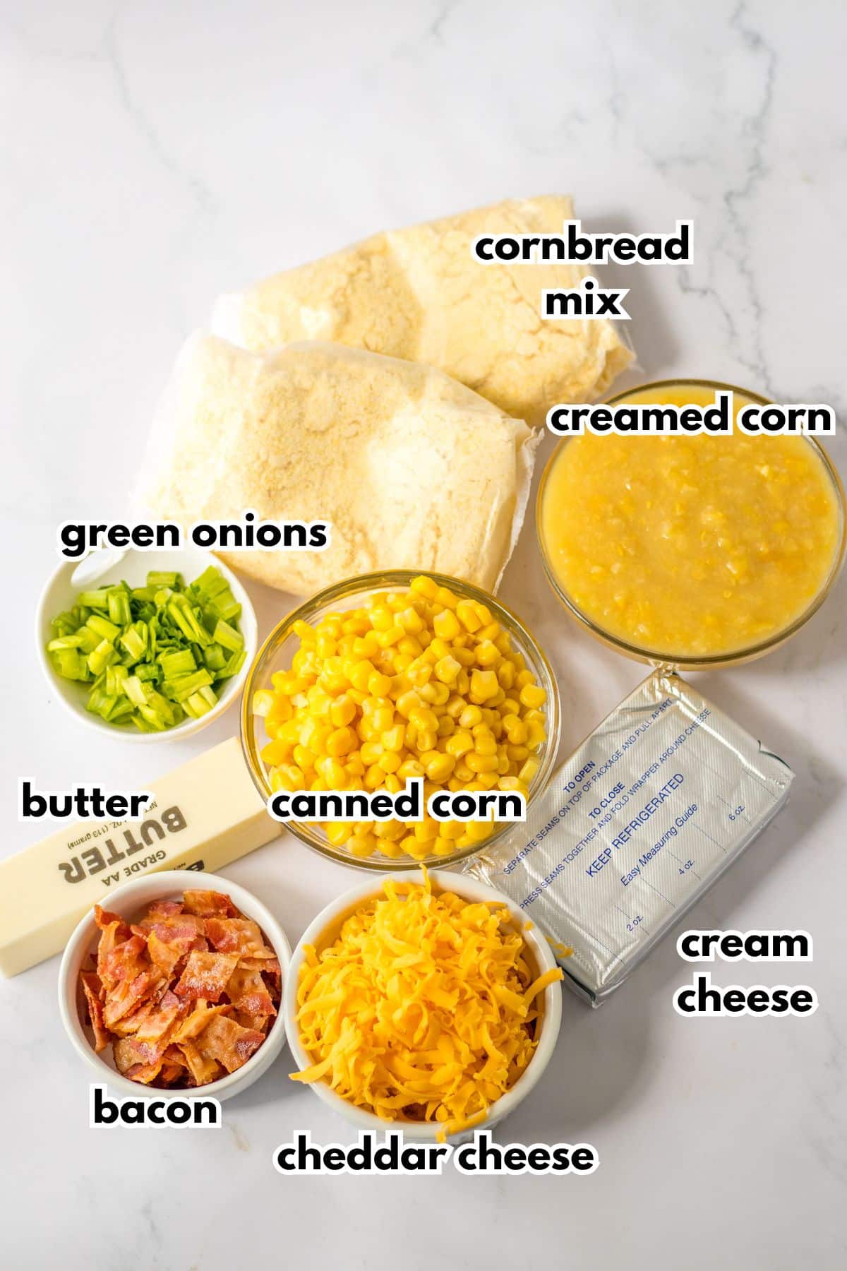 cornbread mix, green onions, butter, canned corn, bacon, cheddar cheese, and cream cheese