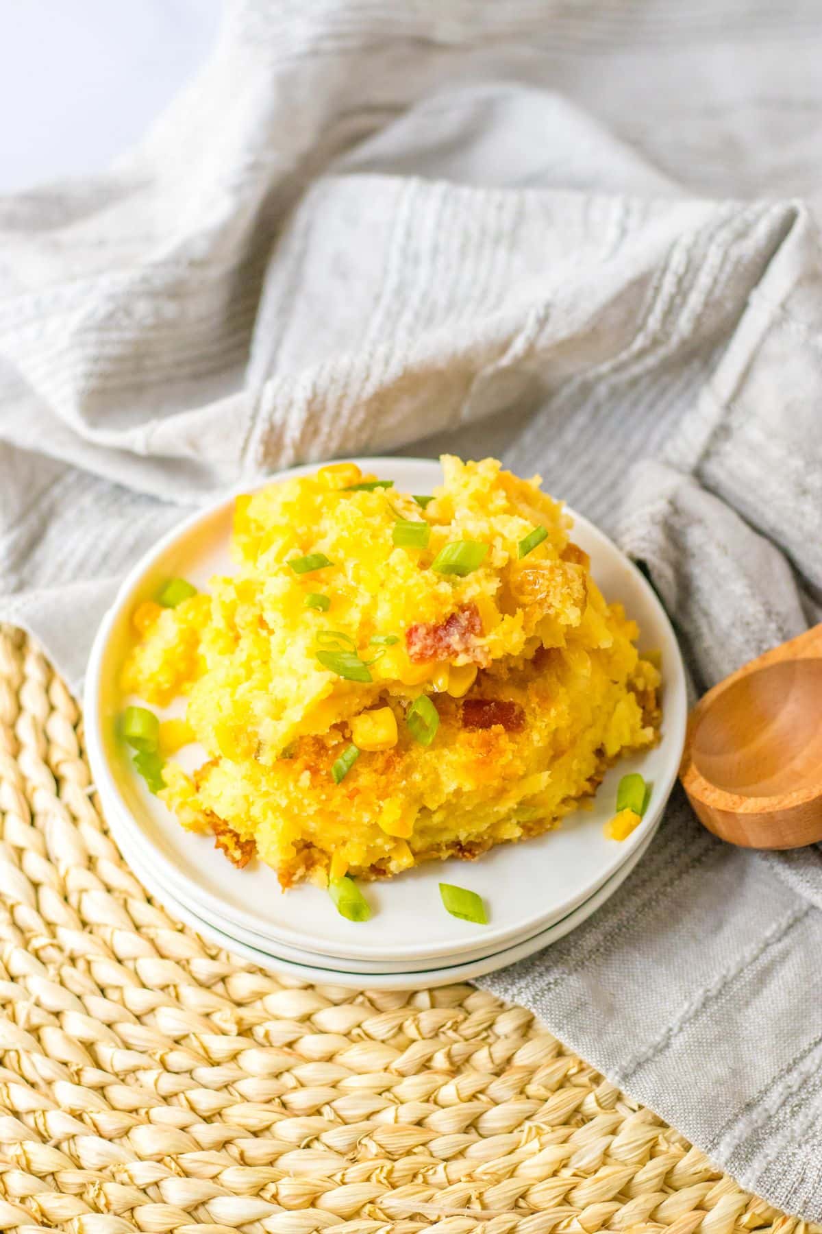 plate full of loaded cornbread casserole.