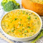 bowl full of slow cooker panera broccoli cheddar soup.