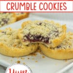three raspberry crumble cookies on a plate.