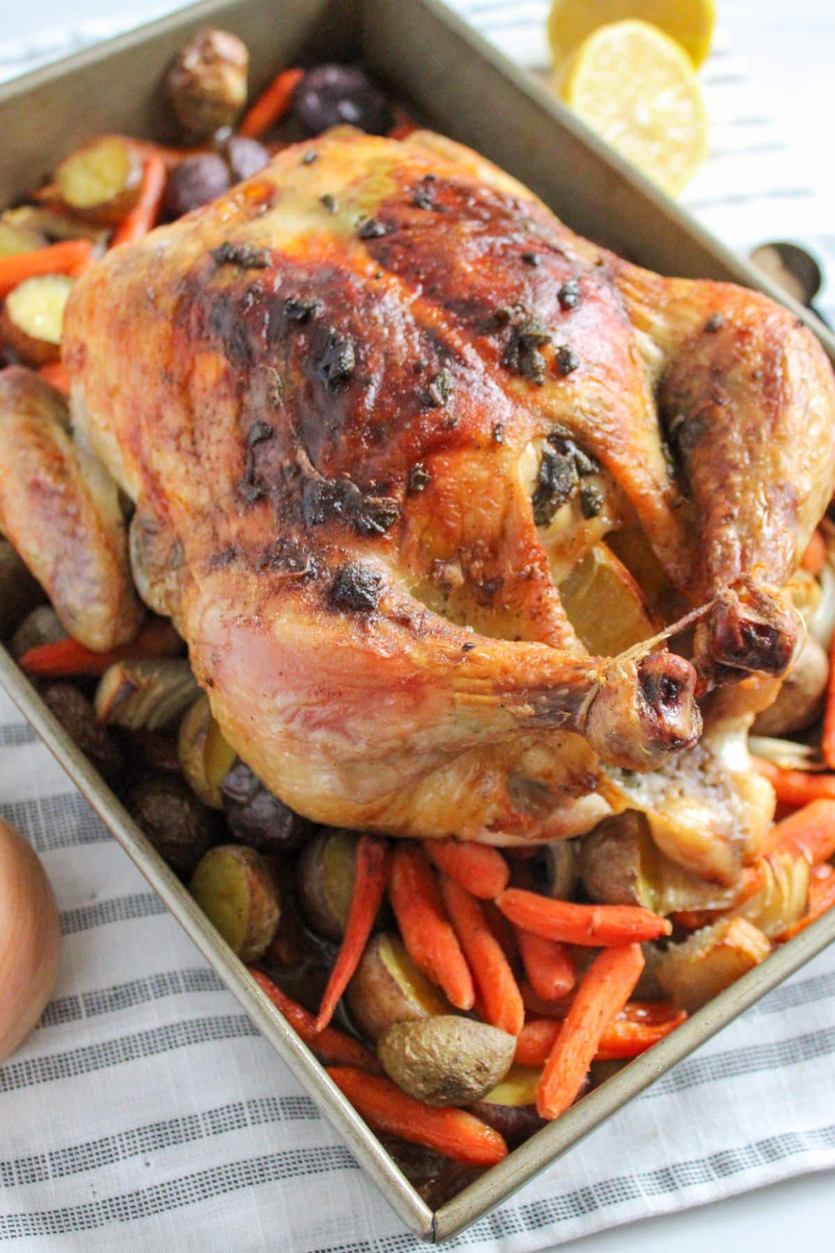 finished roasted chicken on top of a bed of potatoes, carrots and onions.