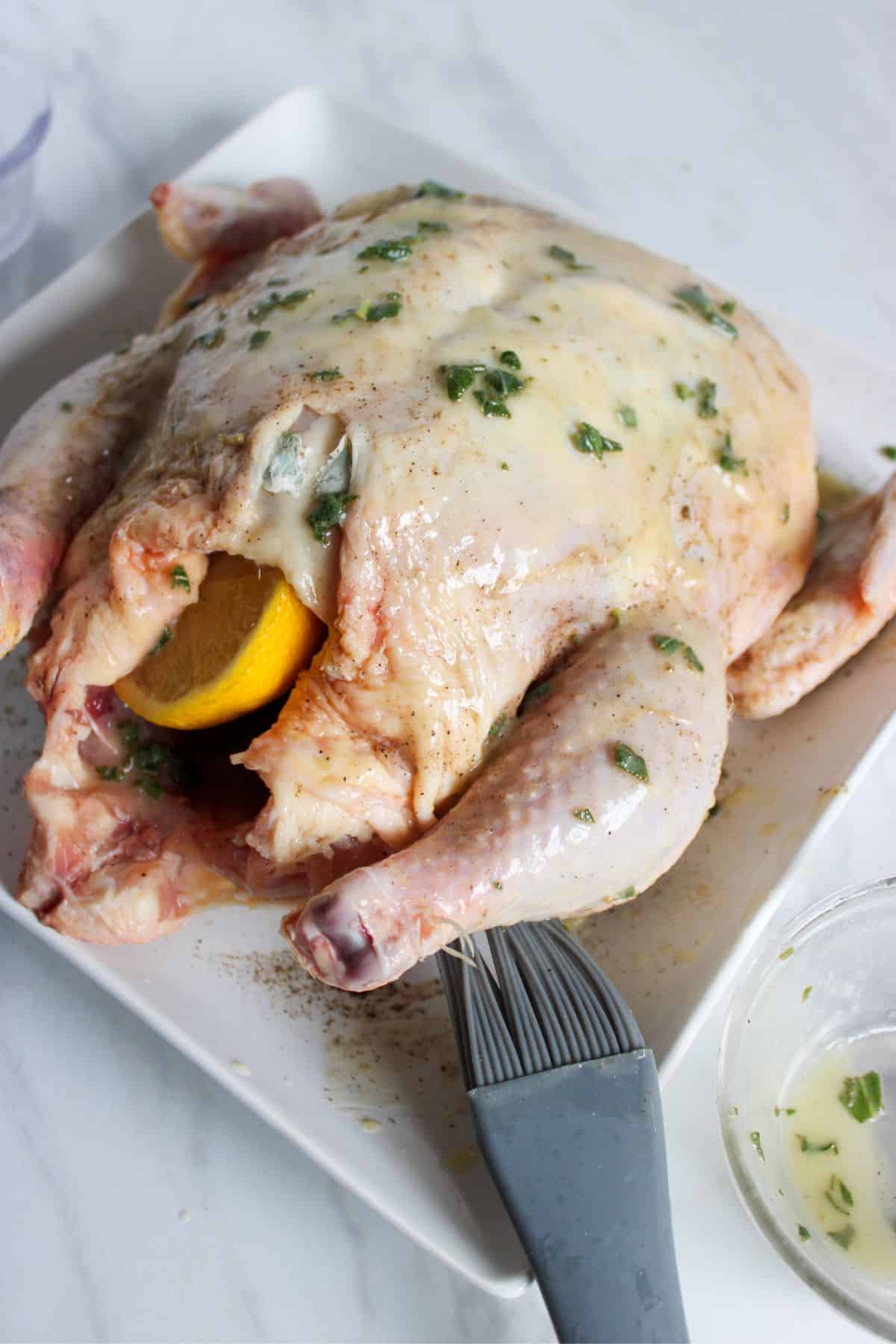 raw whole chicken being brushed with melted butter and seasonings.