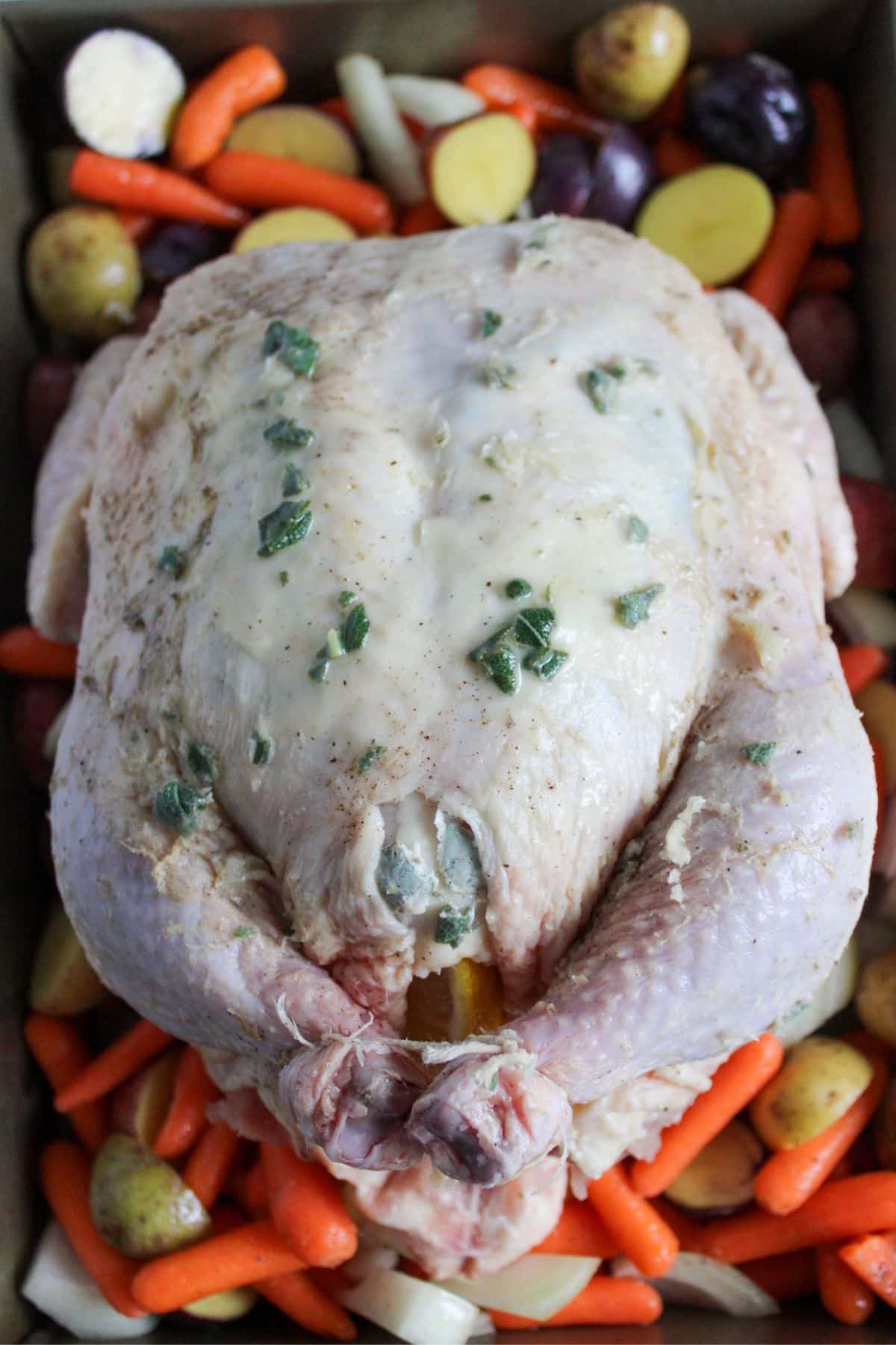 raw whole chicken in a roasting pan on top of potatoes, carrots and onions.