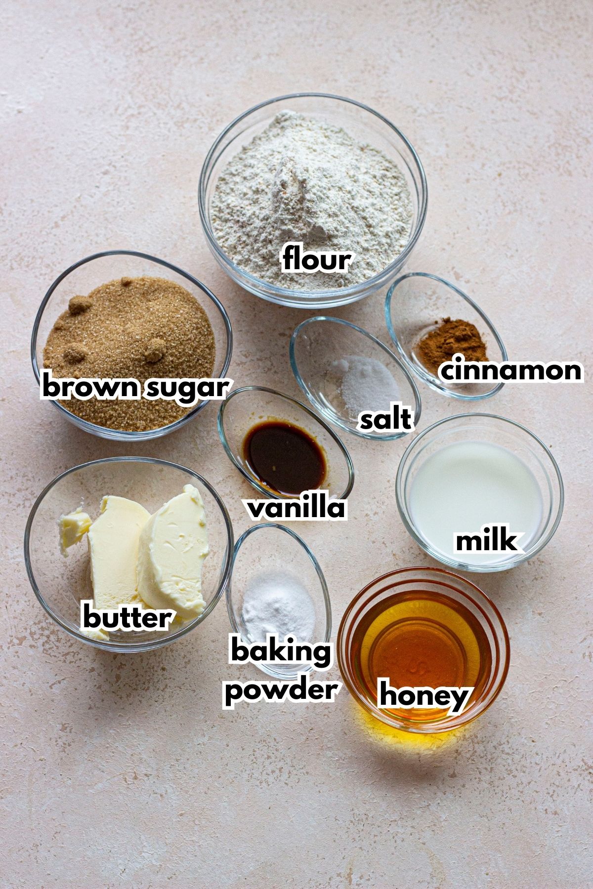 brown sugar, flour, butter, baking powder, vanilla, salt, cinnamon, milk, and honey.